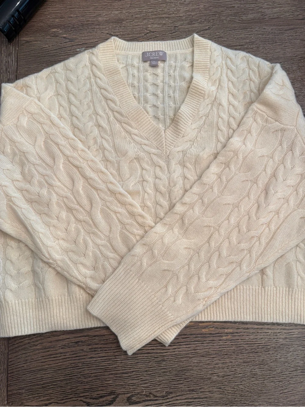 J. Crew Cashmere cropped cable-knit V-neck sweater cream ivory